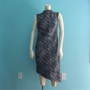 Banana Republic Black White Tweed Mock Neck Asymmetrical Hem MIDI dress